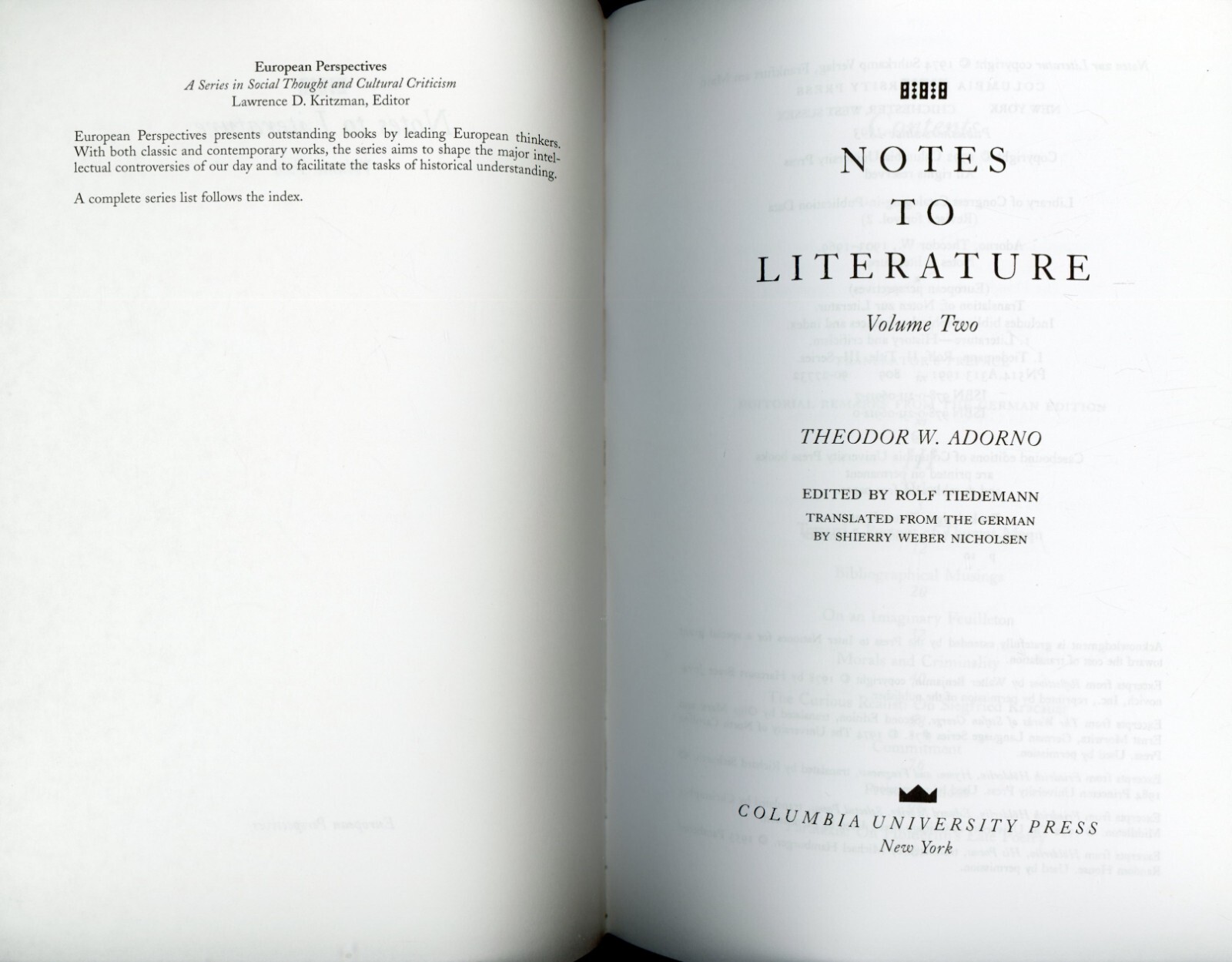 Notes to Literature Vol. 2 – Theodor W. Adorno (Paperback, 1992) VERY GOOD