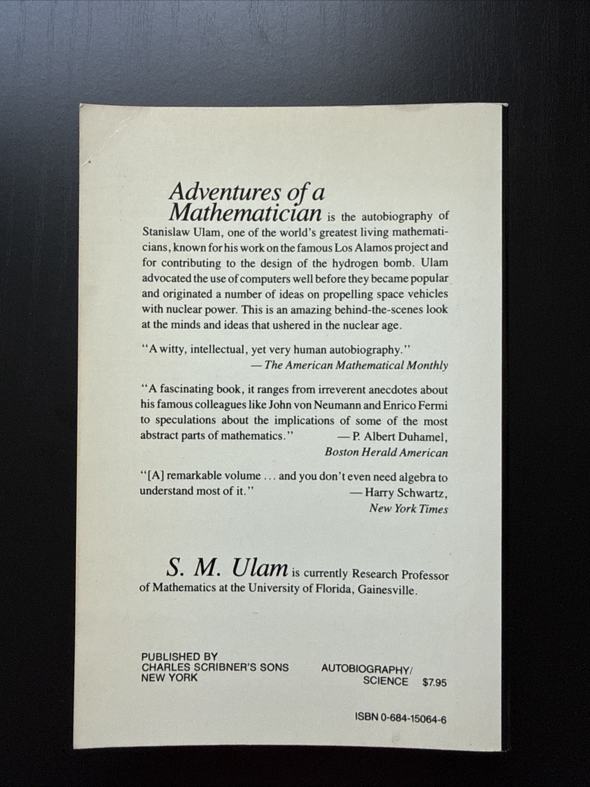 Adventures of a Mathematician (1983) By S. M. Ulam Biography Scribner’s PB VG+