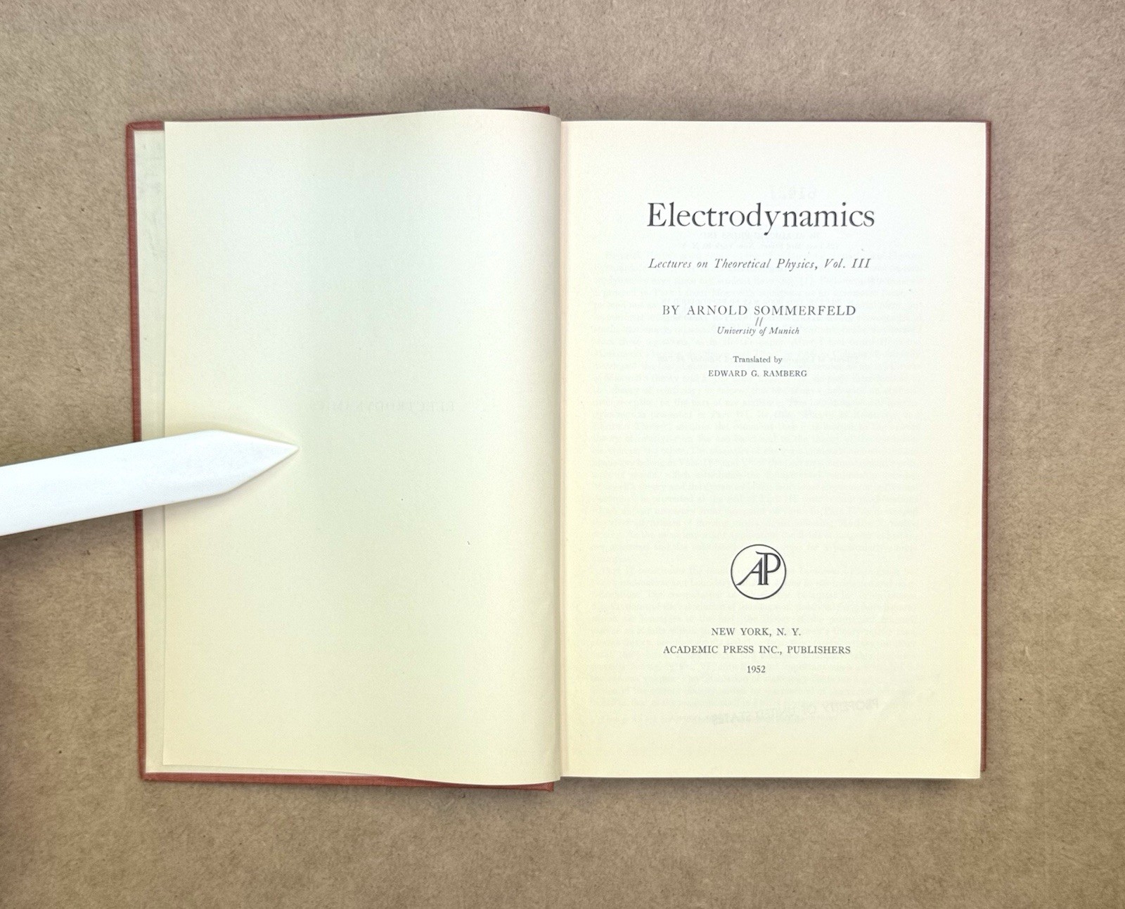 VTG 1952 Electrodynamics 1st Edition by Sommerfeld Academic Press HCVG (Ex-Lib)