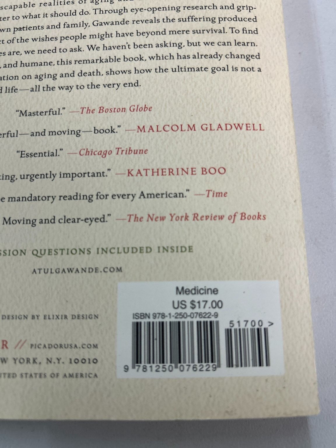 Being Mortal Atul Gawande 2017 Picador #1 New York Times Bestseller Medicine
