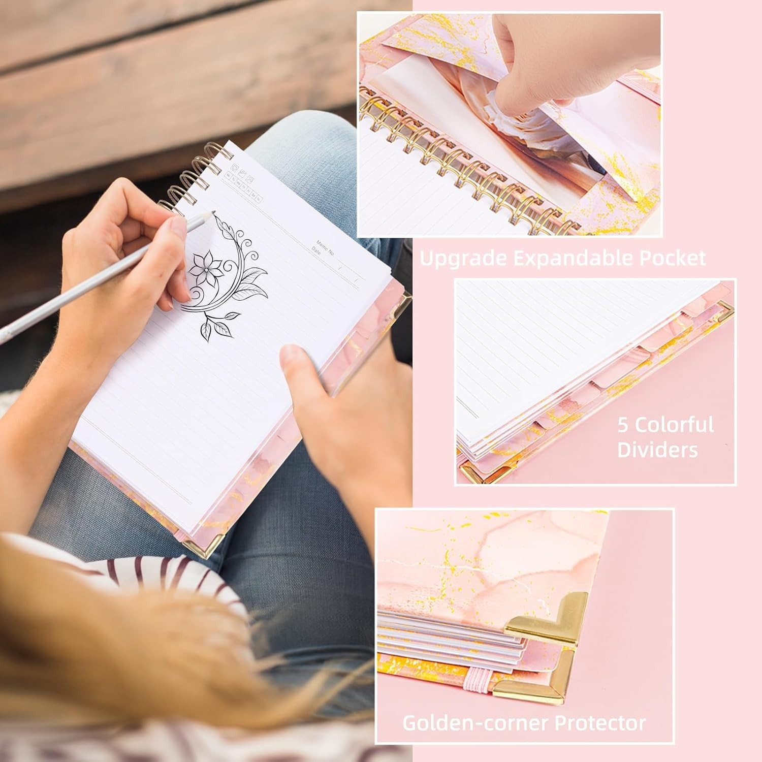 5 Subject A5 Spiral Notebook College Ruled 240 Pages Lined Journal Pink Marble