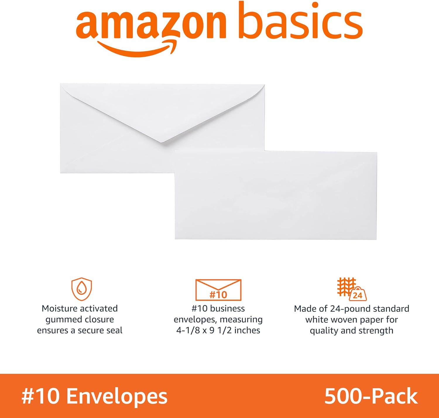 #10 Business Letter Envelopes with Gummed Seal, No Tint, White, 500-Pack