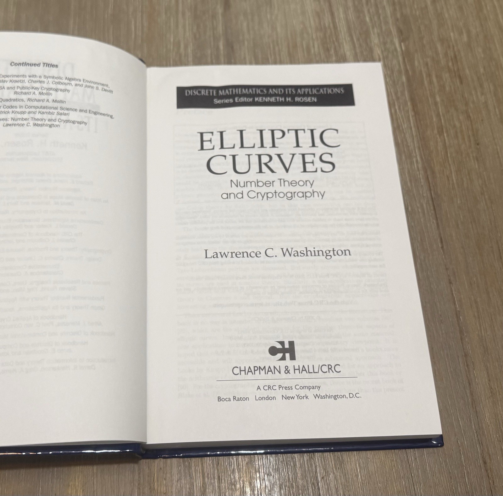 Elliptic Curves by Lawrence C. Washington 1982 Hardcover
