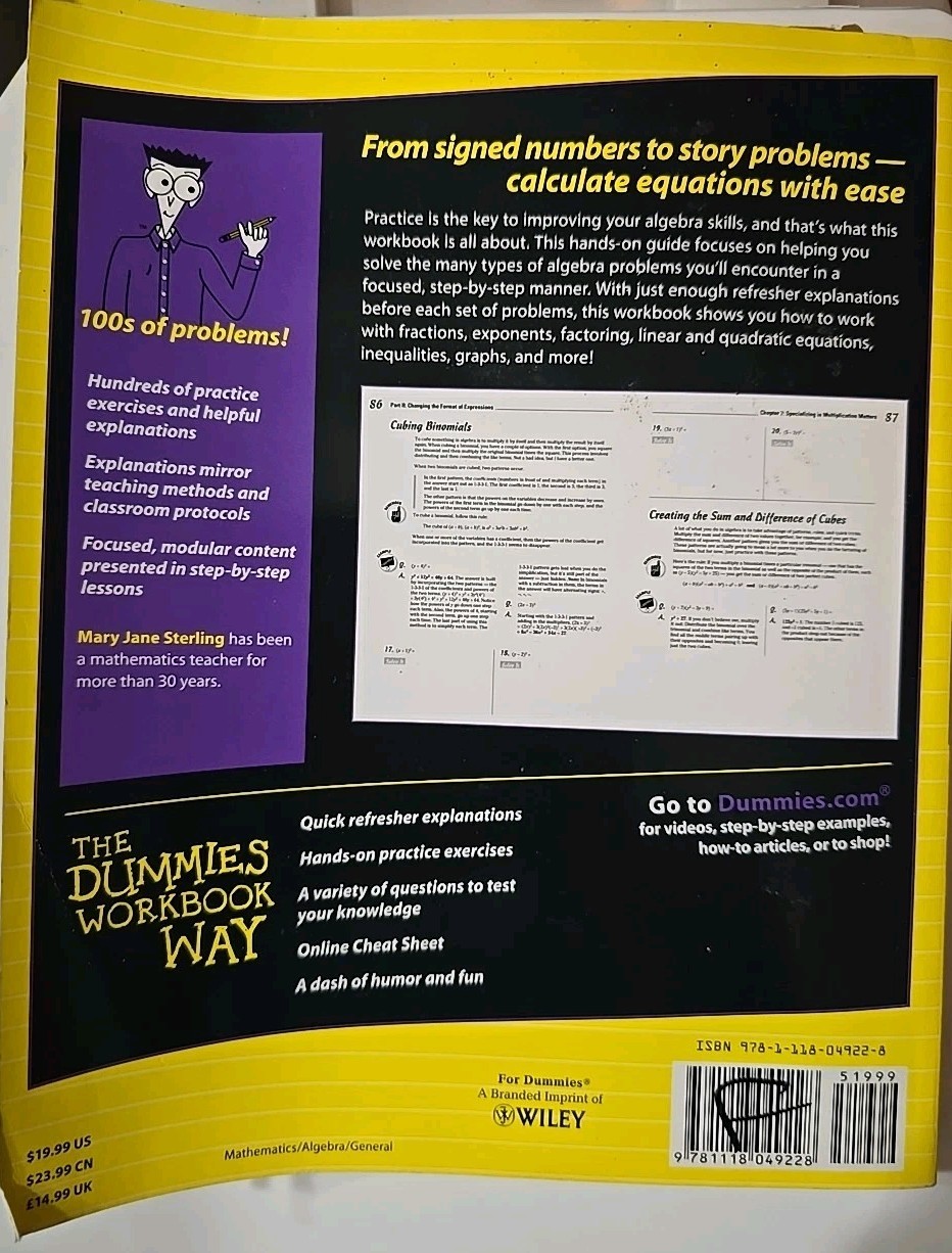 Algebra I Workbook For Dummies – Mary Jane Sterling Paperback 2011