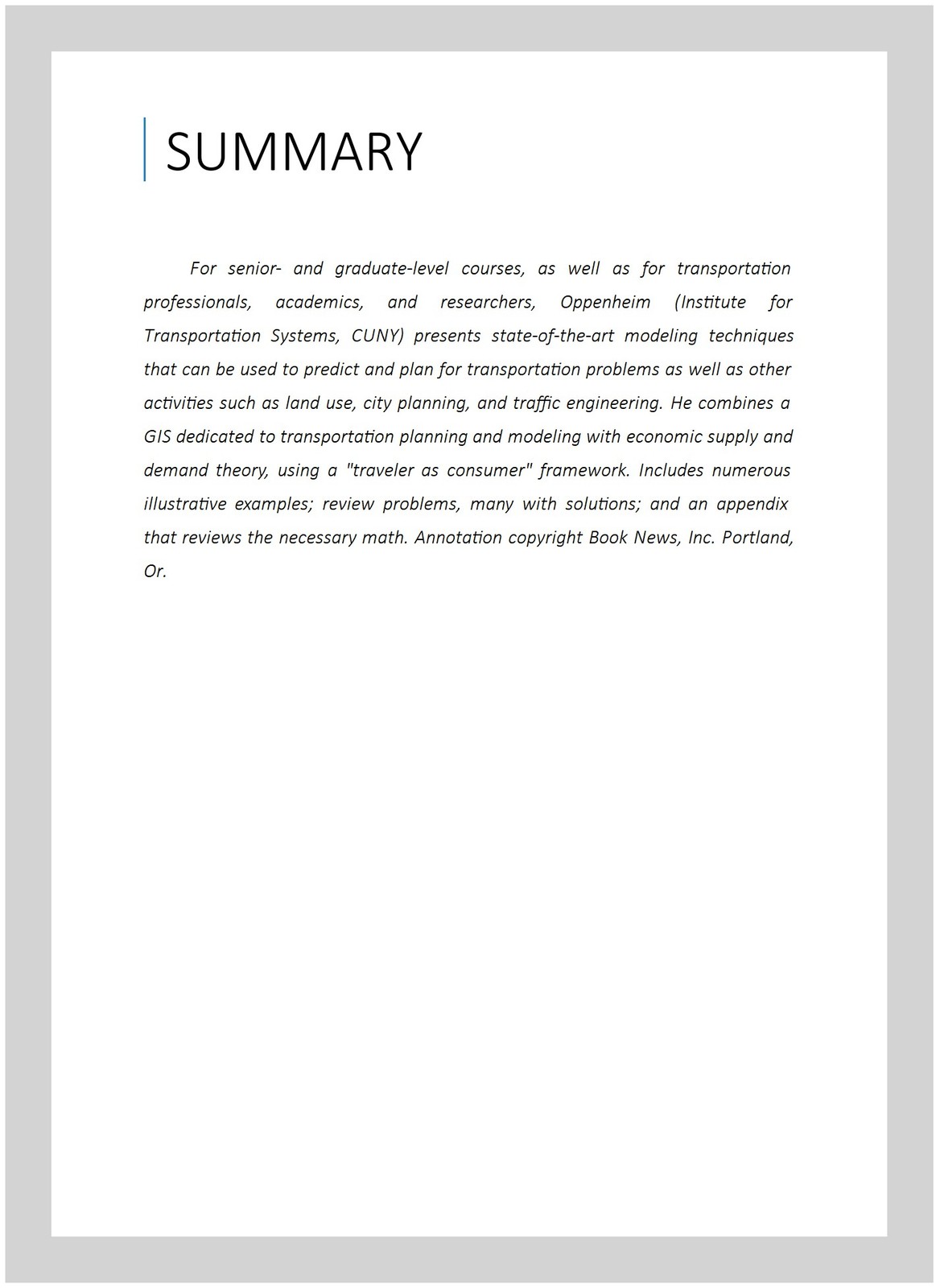 Urban Travel Demand Modeling : From Individual Choices to General Equilibrium…