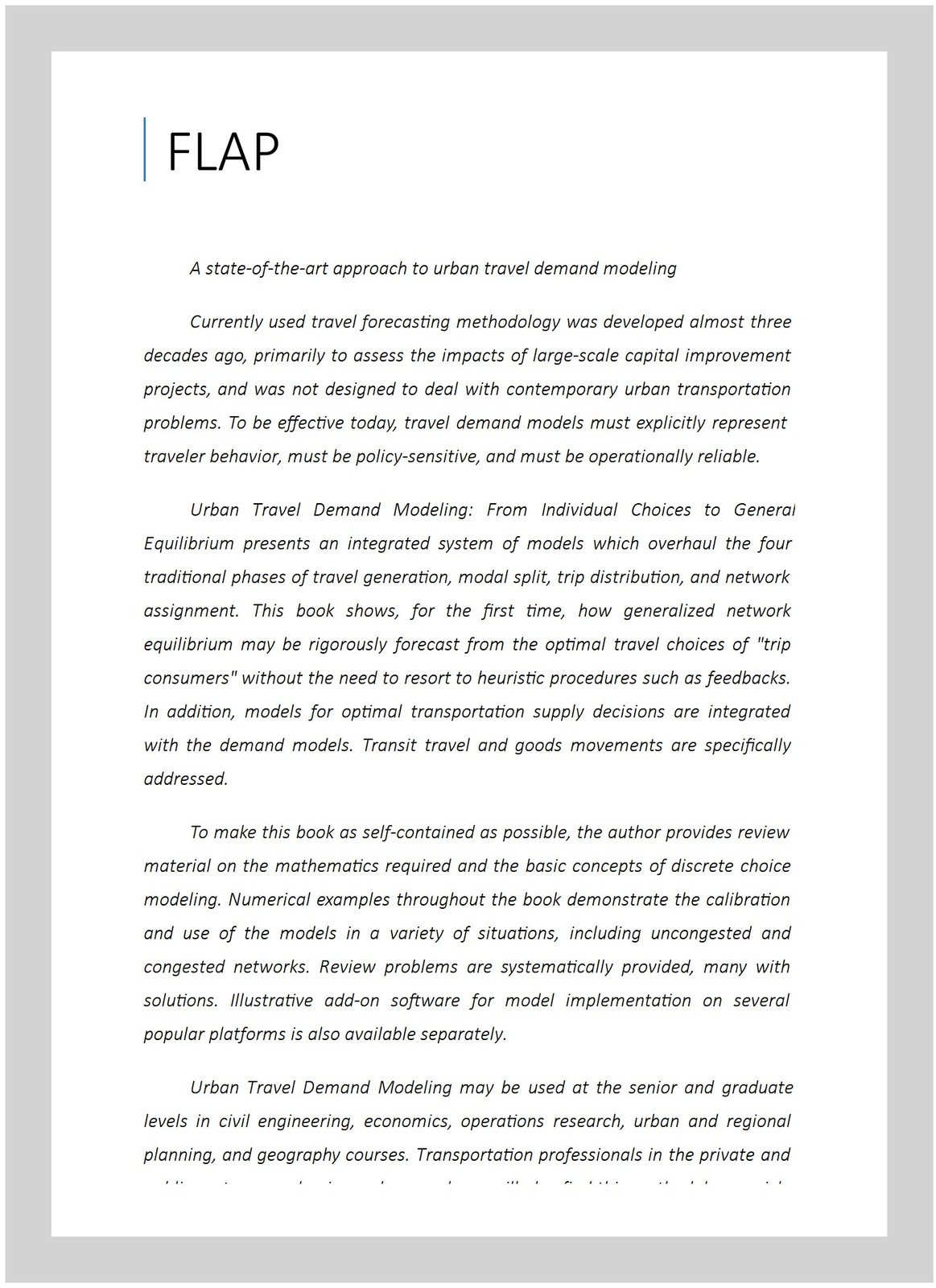 Urban Travel Demand Modeling : From Individual Choices to General Equilibrium…