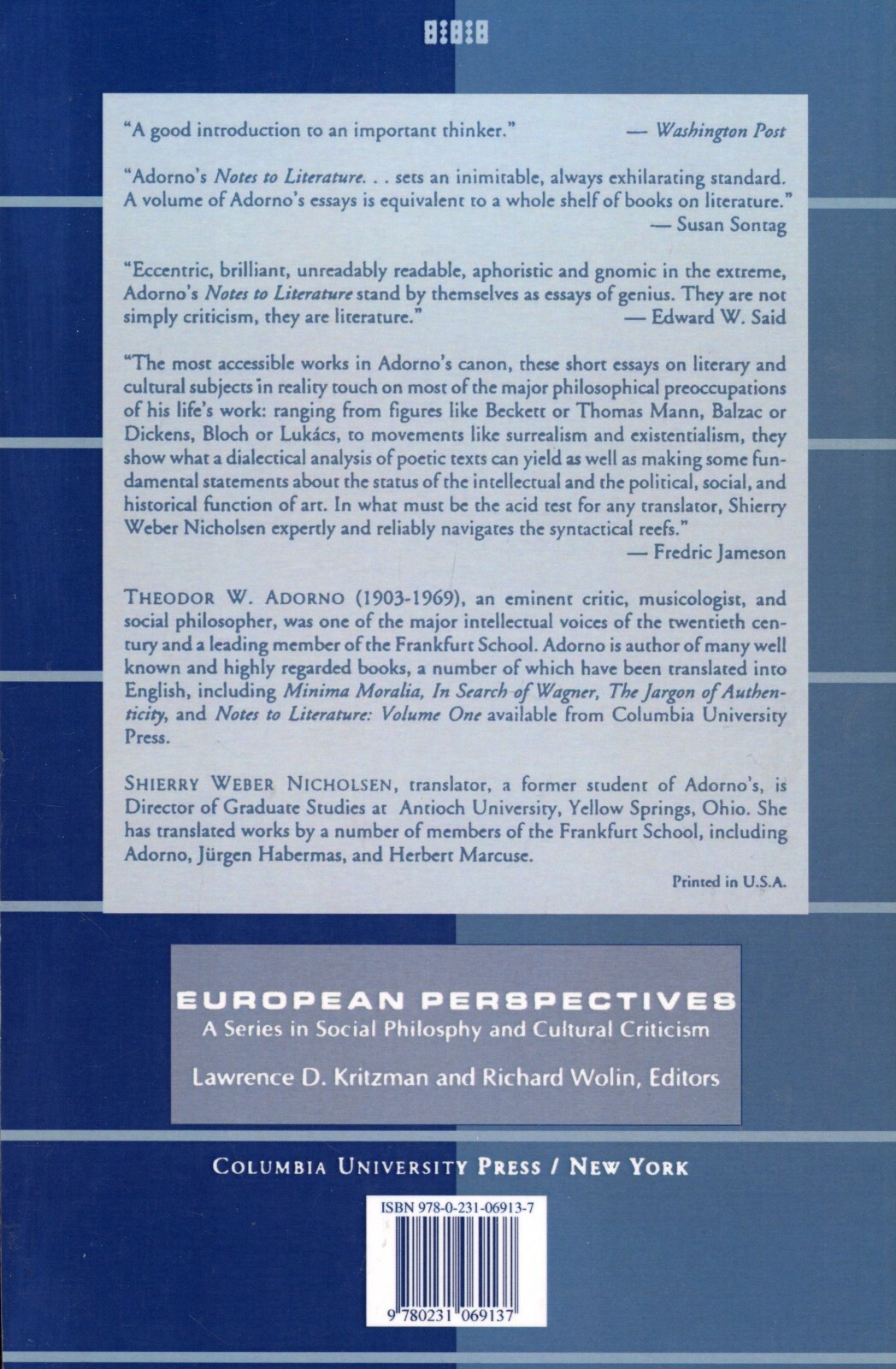 Notes to Literature Vol. 2 – Theodor W. Adorno (Paperback, 1992) VERY GOOD
