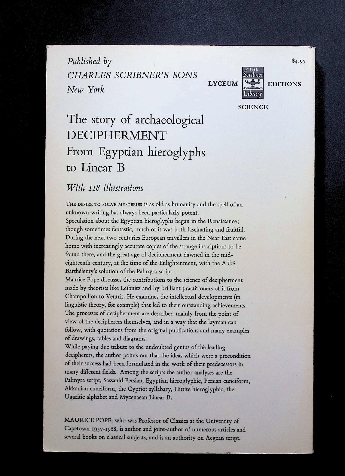 Decipherment by Maurice Pope 1975 HC Scribner From Hieroglyphs to Linear B NM