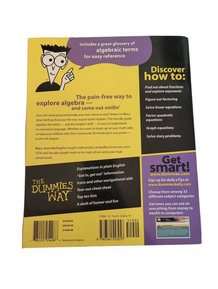 Algebra I for Dummies by Mary Jane Sterling (2001 Paperback)