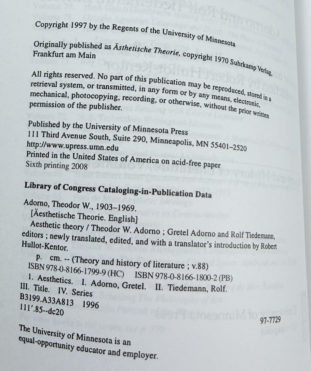 Aesthetic Theory Theodor W Adorno PB THL 88 Univ Minnesota Press 2008