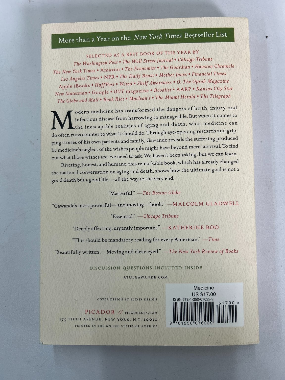 Being Mortal Atul Gawande 2017 Picador #1 New York Times Bestseller Medicine