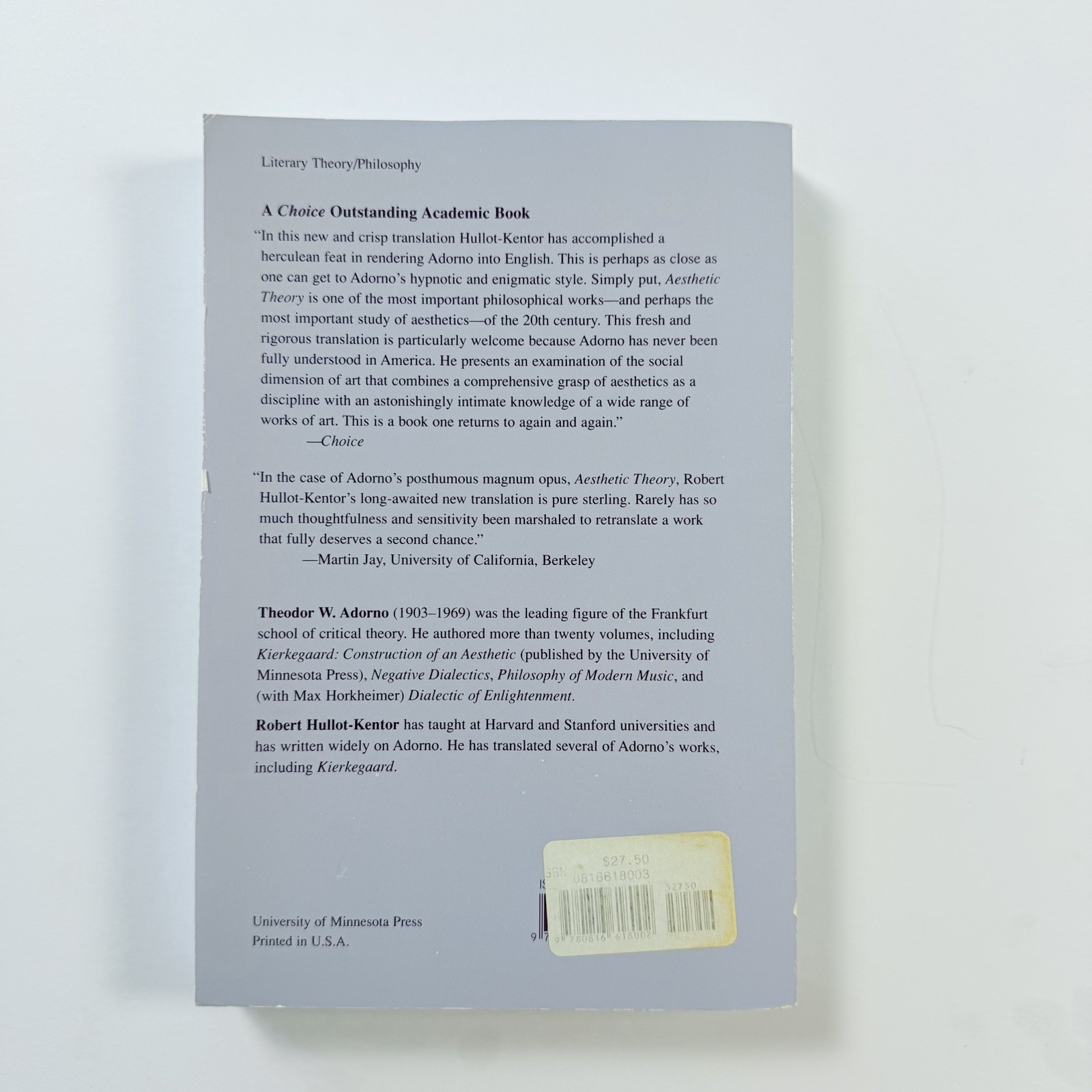 Aesthetic Theory Theodor W Adorno PB THL 88 Univ Minnesota Press 2008