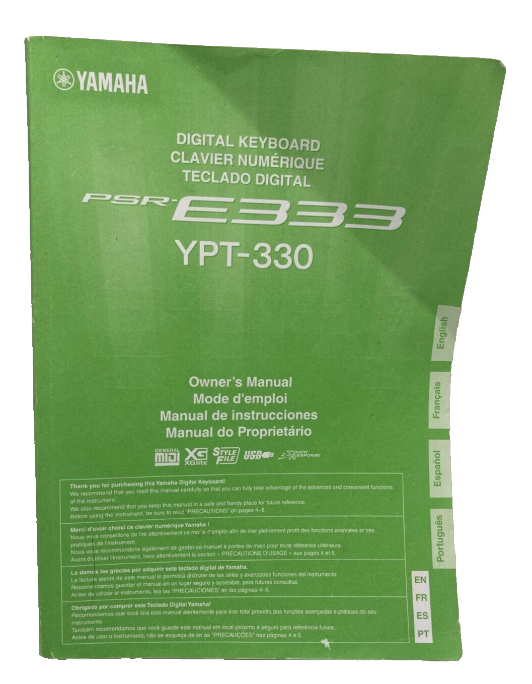 Yamaha PSR-E333 YPT-330 Owners Instruction Manual: 78Pages