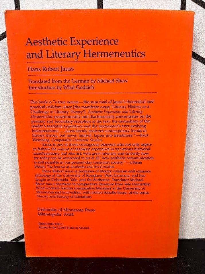 Aesthetic Experience Literary Hermeneutics Jauss Theory History Lit Vol 3 PB VG