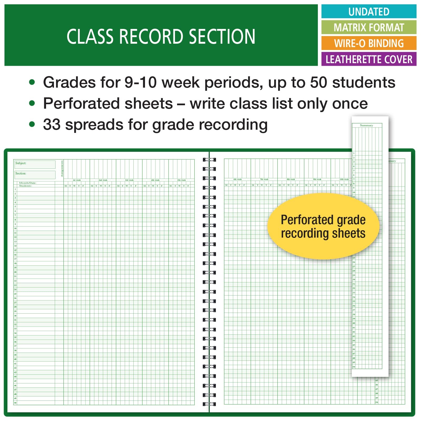 Green Lesson Plan And Grade Record Book 8.5 X 11 For Teachers 50 Students