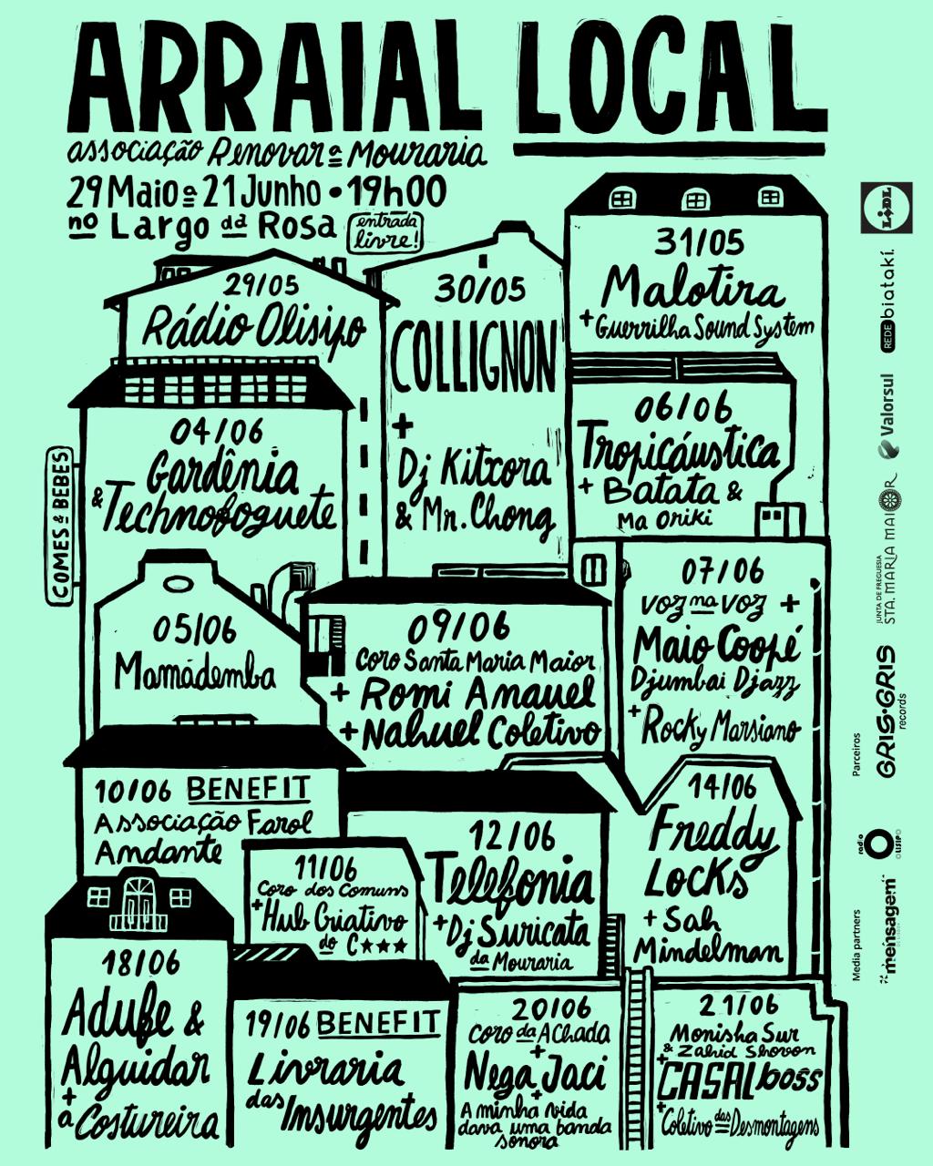 cartaz de renovar a mouraria arraiais com horário escrito em casas ilustradas de mouraria