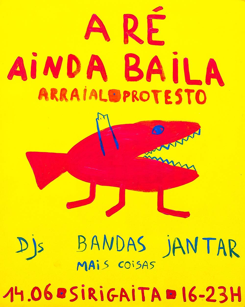 cartaz de arraial na sirigaita com um peixe com tres pernas e a mesma info que está em cima
