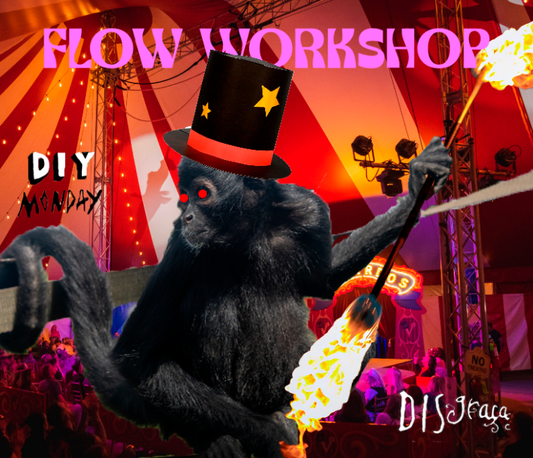 colagem com macaco de chapéu mágico a fazer malabarismos com fogo e o texto “flow workshop” “DIY MONDAY” “Disgraça”