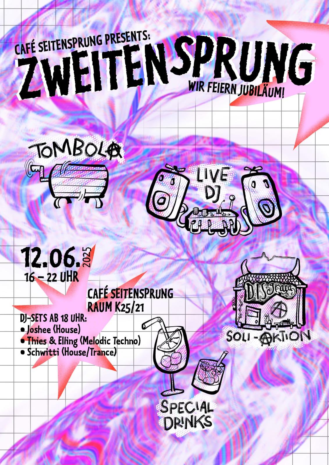 cartaz da celebração do café seitensprung com ilustrações a preto sobre um fundo experimental roxo e branco